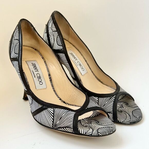 Jimmy Choo Printed Silk Nappa Peep Toe Art Deco Black Heels EU 36.5 MSRP $597 - Picture 1 of 10